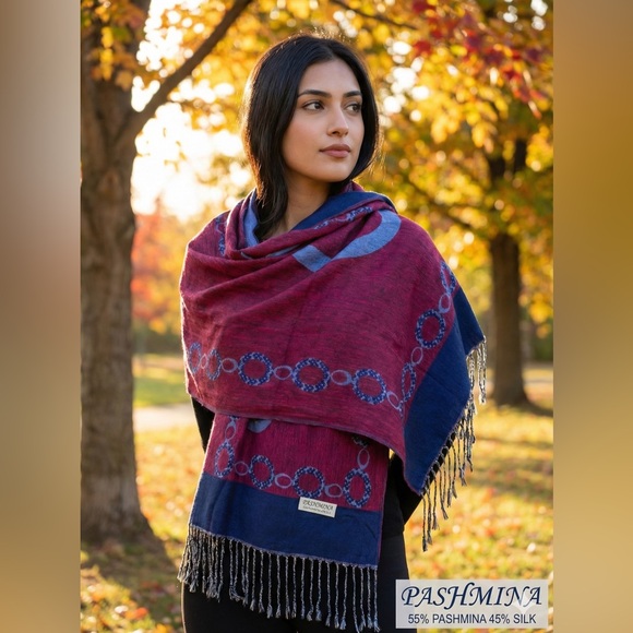 pashmina Accessories - Elegant Burgundy and Navy Scarf 55% Pashmina 45% Silk